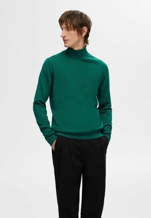 Grøn rullekravesweater i en tætsiddende design med lange ærmer, parret med sorte bukser. Glat tekstur og simpel, moderne silhuet.