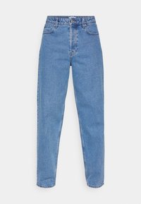 Light blue denim jeans, high-waisted with a straight-leg cut, featuring five pockets and a classic button and zipper fly closure.