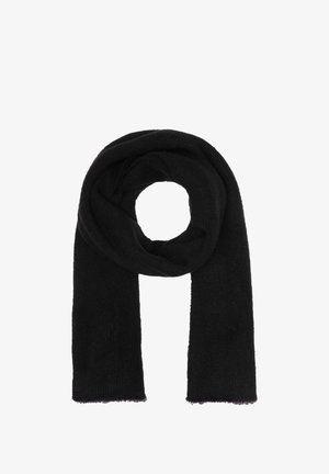 Black knitted scarf, soft texture, rectangular shape, looped for display, with frayed edges. Suitable for cold weather.