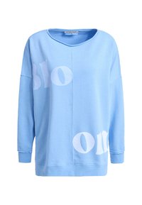 Light blue sweatshirt with a relaxed fit, featuring white text pattern, wide neckline, and ribbed cuffs. Made from soft fabric with a smooth texture.