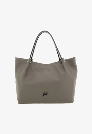 Borsa a mano in pelle grigia con doppi manici e un piccolo logo nero al centro davanti, su sfondo bianco.