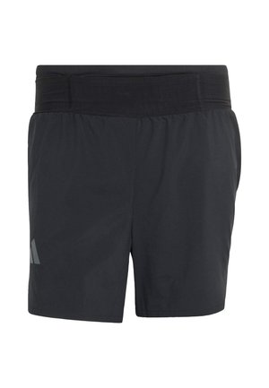 Černé sportovní šortky s elastickým pasem, mají hladkou texturu a šedé logo na spodní levé straně.