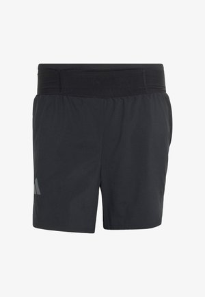 Černé sportovní šortky s elastickým pasem, mají hladkou texturu a šedé logo na spodní levé straně.