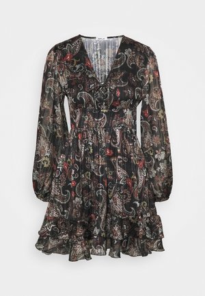 Abito mini nero a maniche lunghe con motivi paisley e floreali multicolore, scollo a V, vita arricciata e bordo a volant.