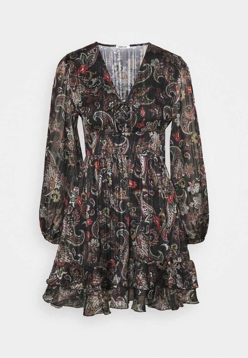 Czarna mini sukienka z długim rękawem, ozdobiona wielokolorowymi wzorami paisley i kwiatowymi, z dekoltem w serek, talią podkreśloną oraz falbaną u dołu.