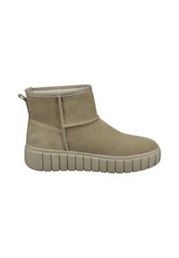 Beige Wildleder-Ankle Boots mit Fleece-Futter, Zuglasche an der Ferse und dickem, geripptem Gummisohle für lässige Wintermode.