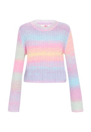 Maglione leggero e corto in maglione a costine con colori pastello in gradiente, caratterizzato da maniche lunghe e scollo rotondo.