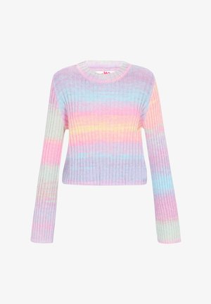 Könnyű, rövidített pulóver bordázott kötésben, pasztell gradiens színekben, hosszú ujjakkal és kerek nyakkivágással.