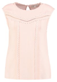 Light pink sleeveless top with lace trim, keyhole back, pleated design, and decorative stitching along the neckline and sides.