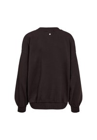 Sweat-shirt noir à manches longues avec poignets et ourlet côtelés, vu de dos, avec un petit point rond près du col.