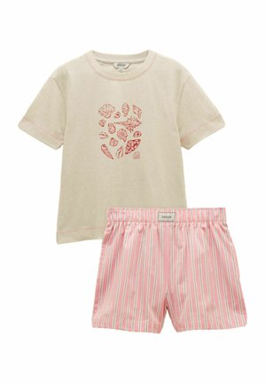 Beiges Kurzarmhemd mit roten Muscheldrucken kombiniert mit rosa-weiß gestreiften Shorts mit elastischem Bund für Kinder.