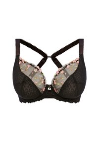 Black bra featuring sheer mesh sections with floral embroidery, lace detailing, and crisscross straps. Center keyhole accent.
