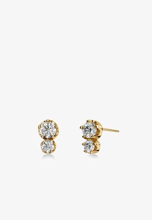 Gouden studs oorbellen, elk met twee ronde heldere diamanten in een verticale grifzetting met een gepolijste afwerking.