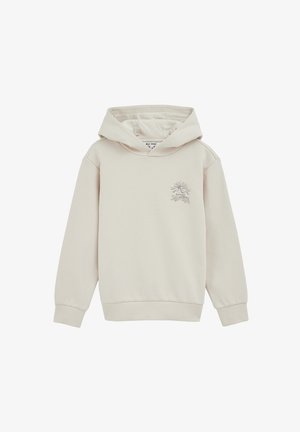 Bež majica s kapuljačom iz mehkega bombaža, ki ima kenguru žep, rebraste manšete in rob, ter grafiko sonca natisnjeno na levem prsnem delu.