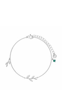 Srebrna bransoletka z akcentami w kształcie liści, delikatnymi ogniwami i małym zielonym kamieniem ozdobnym. Regulowana długość z zapięciem na zatrzask.