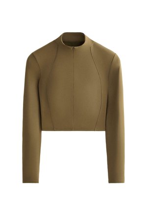 Olivově zelená krátká bunda s dlouhými rukávy, předním zipem a vysokým kulatým výstřihem, s prošíváním vpředu.