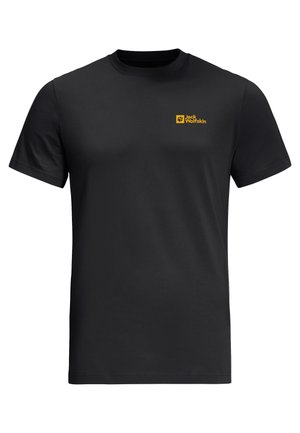 Zwarte katoenen T-shirt met korte mouwen, voorzien van een klein geel "Jack Wolfskin" logo op de linkerkant van de borst. Standaard ronde halsontwerp.