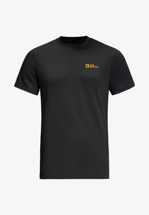 Schwarzes Baumwoll-T-Shirt mit kurzen Ärmeln, das ein kleines gelbes "Jack Wolfskin"-Logo auf der linken Brustseite zeigt. Standard Crew-Neck-Design.