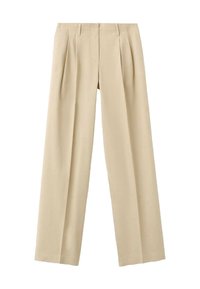 Beige geplooide broek gemaakt van lichtgewicht stof; heeft een rechte pijp en een gladde, zachte textuur. Geen zichtbare hardware of accenten.