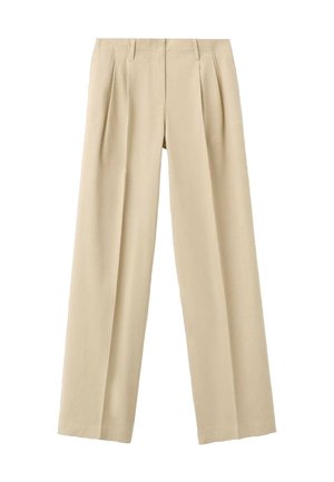 Beżowe plisowane spodnie wykonane z lekkiego materiału; mają prosty krój nogawki oraz gładką, miękką teksturę. Brak widocznych metalowych elementów czy ozdób.