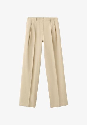 Beżowe plisowane spodnie wykonane z lekkiego materiału; mają prosty krój nogawki oraz gładką, miękką teksturę. Brak widocznych metalowych elementów czy ozdób.