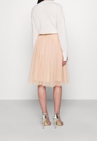 Gonna in tulle rosa chiaro con texture a pois, lunghezza al ginocchio, design a strati. Abbinata a scarpe con tacco alto argentate. Vista posteriore.