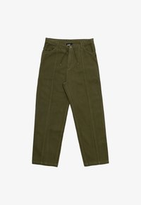 Maslinaste traperice opuštenog kroja, izrađene od mekanog materijala. Imaju pojas s vezicom i dva prednja džepa. Flat front dizajn.