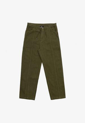 Olive green trousers in a relaxed fit, made from soft fabric. They have an elastic drawstring waistband and two front pockets. The design features a flat front.