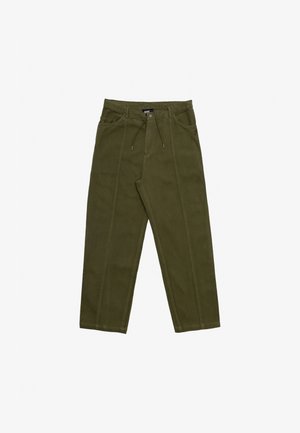 Olive green trousers in a relaxed fit, made from soft fabric. They have an elastic drawstring waistband and two front pockets. The design features a flat front.