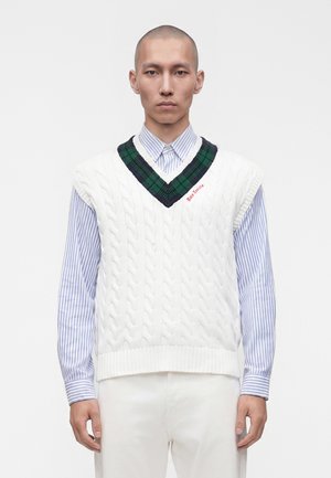 Homme portant un pull sans manches en laine torsadée blanc avec un col vert et bleu marine par-dessus une chemise rayée bleue à boutons, debout devant un fond blanc.