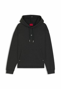 Sudadera con capucha negra hecha de tela suave, con un bolsillo delantero tipo canguro, capucha con cordón y logo bordado en el pecho. Diseño sencillo.