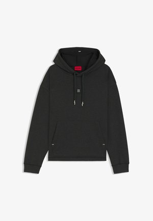 Felpa nera con cappuccio in tessuto morbido, dotata di tasca frontale a marsupio, cappuccio con coulisse e logo ricamato sul petto. Design semplice.