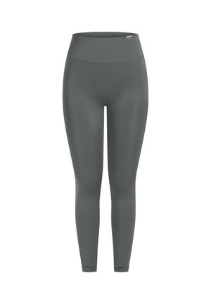 Leggings de talle alto y ajustados, confeccionados en una suave y elástica tela verde oscuro, con un diseño simple y limpio, sin patrones ni adornos.