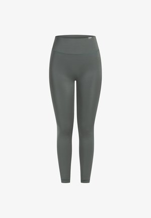 Højttaljede, figursyede leggings lavet af glat, strækbart mørkegrønt stof, med et enkelt, rent design uden mønstre eller udsmykninger.