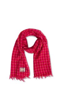 Roze geruite sjaal van zacht materiaal, met franjes aan de randen en een klein label met verticale strepen en het woord "lily".