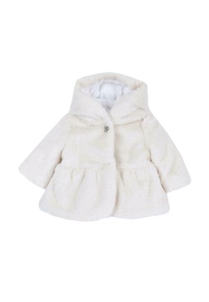 Cappotto per bambino in pelliccia sintetica bianca con cappuccio e chiusura frontale con un solo bottone decorativo.