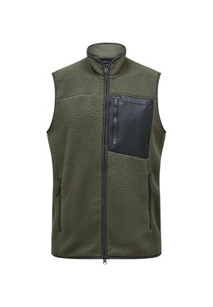 Fleece vest in dark green with a smooth black zippered pocket on the chest, side zippered pockets, and a high collar. Textured fabric.