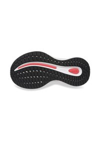Suela de zapato de goma negra con un dibujo texturizado, que presenta una mitad blanca y una línea de acento roja. Contornos y curvas suaves que mejoran la flexibilidad.