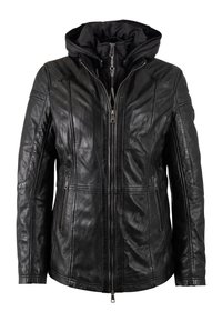 Zwarte leren jas met een ritssluiting aan de voorkant, twee ritszakken aan de zijkanten en een vaste, gevoerde capuchon in een gelaagd ontwerp.
