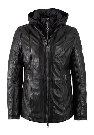 Zwarte leren jas met een ritssluiting aan de voorkant, twee ritszakken aan de zijkanten en een vaste, gevoerde capuchon in een gelaagd ontwerp.