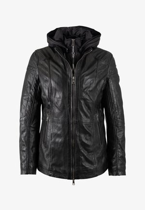 Zwarte leren jas met een ritssluiting aan de voorkant, twee ritszakken aan de zijkanten en een vaste, gevoerde capuchon in een gelaagd ontwerp.
