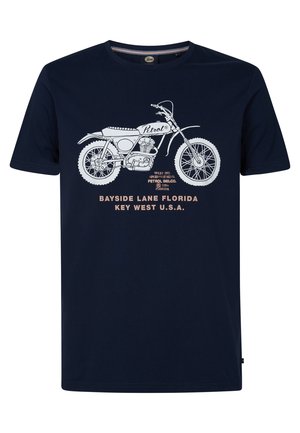 Marineblauw katoenen T-shirt met een witte motorfietsafbeelding. De tekst bevat "Petrol" en "Bayside Lane Florida, Key West U.S.A." in oranje.