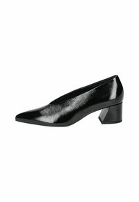 Black patent leather pump with a pointed toe and a geometric block heel. Glossy finish and smooth texture. Sleek design with minimal accents.
