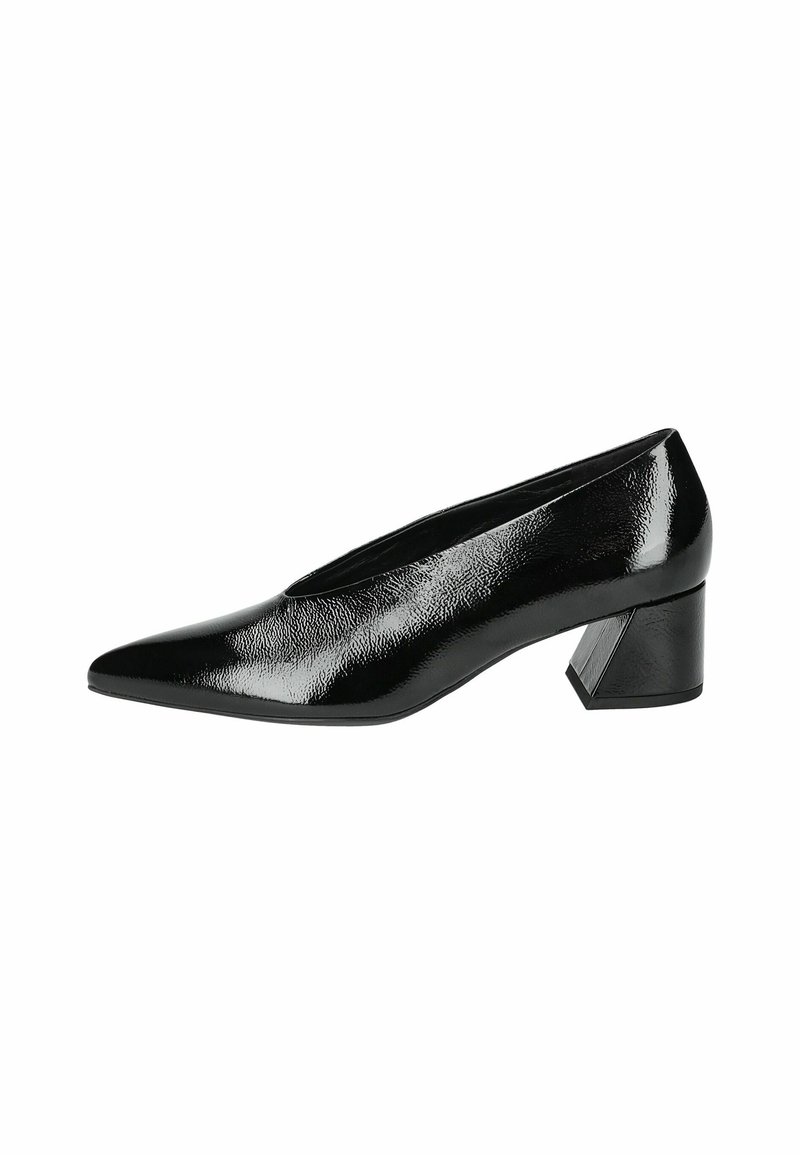 Black patent leather pump with a pointed toe and a geometric block heel. Glossy finish and smooth texture. Sleek design with minimal accents.