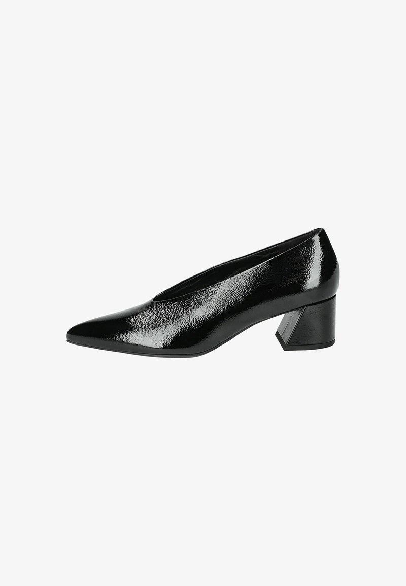 Black patent leather pump with a pointed toe and a geometric block heel. Glossy finish and smooth texture. Sleek design with minimal accents.