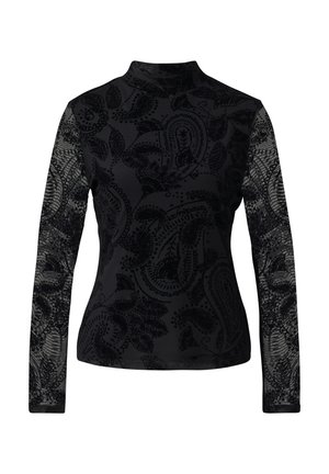 Czarna bluzka z długim rękawem i wysokim kołnierzem, ozdobiona teksturowanym wzorem paisley oraz przezroczystymi rękawami. Gładki materiał o dopasowanym kroju.