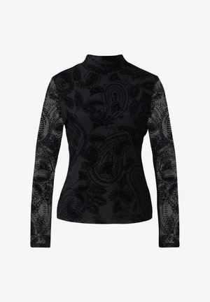 Czarna bluzka z długim rękawem i wysokim kołnierzem, ozdobiona teksturowanym wzorem paisley oraz przezroczystymi rękawami. Gładki materiał o dopasowanym kroju.