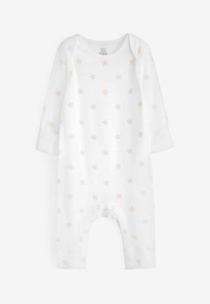 Fehér baba rugdalózó, puha anyagból készült, kis világos bézs csillagmintával díszítve. Hosszú ujjakkal és patentos záródással rendelkezik az alján.