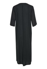Black, knee-length dress made of lightweight fabric, featuring short sleeves and a simple, loose design with a boat neckline.