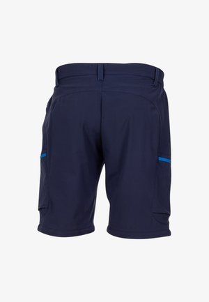 Marinefarbene Cargo-Shorts mit zwei seitlichen Taschen, die mit einem blauen Akzent an den Taschen versehen sind. Hergestellt aus weichem, leichtem Stoff mit glatter Textur.